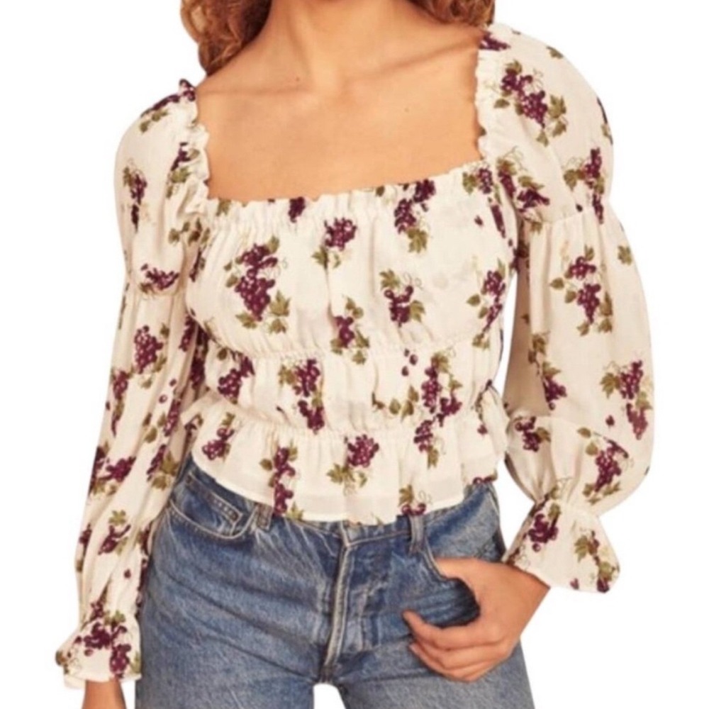 Reformation‎ Blouse Women S White Purple Grape Floral Peasant Puff Sleeve Top